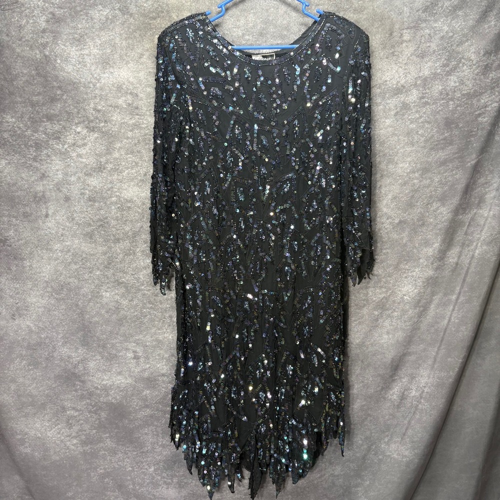 Vintage Carina Black Sequin Beaded Silk Dress Sz L Asymmetric Witchy Whimsigoth
